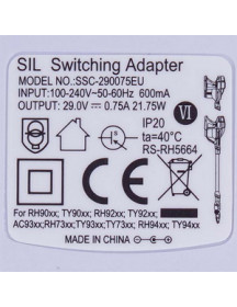Адаптер SSC-290075EU 750mA для акумуляторного пилососа Rowenta RS-RH5664 Адаптер SSC-290075EU 750mA для акумуляторного пилососа Rowenta RS-RH5664