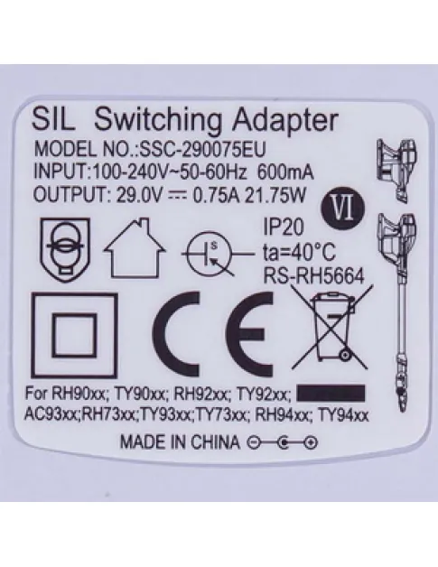 Адаптер SSC-290075EU 750mA для акумуляторного пилососа Rowenta RS-RH5664 Адаптер SSC-290075EU 750mA для акумуляторного пилососа Rowenta RS-RH5664
